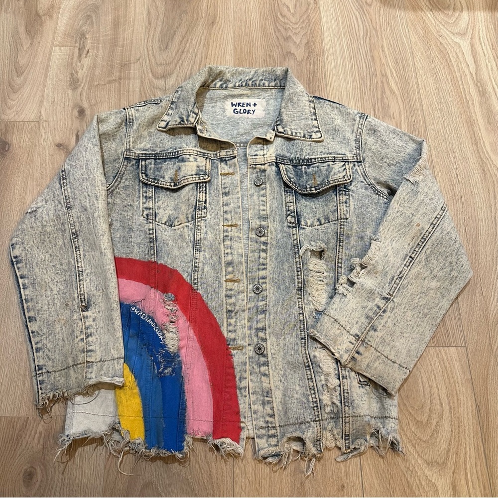 Wren + Glory Handpainted Custom Denim Jacket L It’s All Good Baby Baby Rare!‎